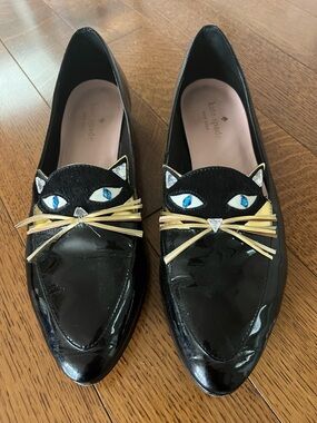 Kate Spade Black Patent Leather Cat Face Loafers with Gold Whiskers